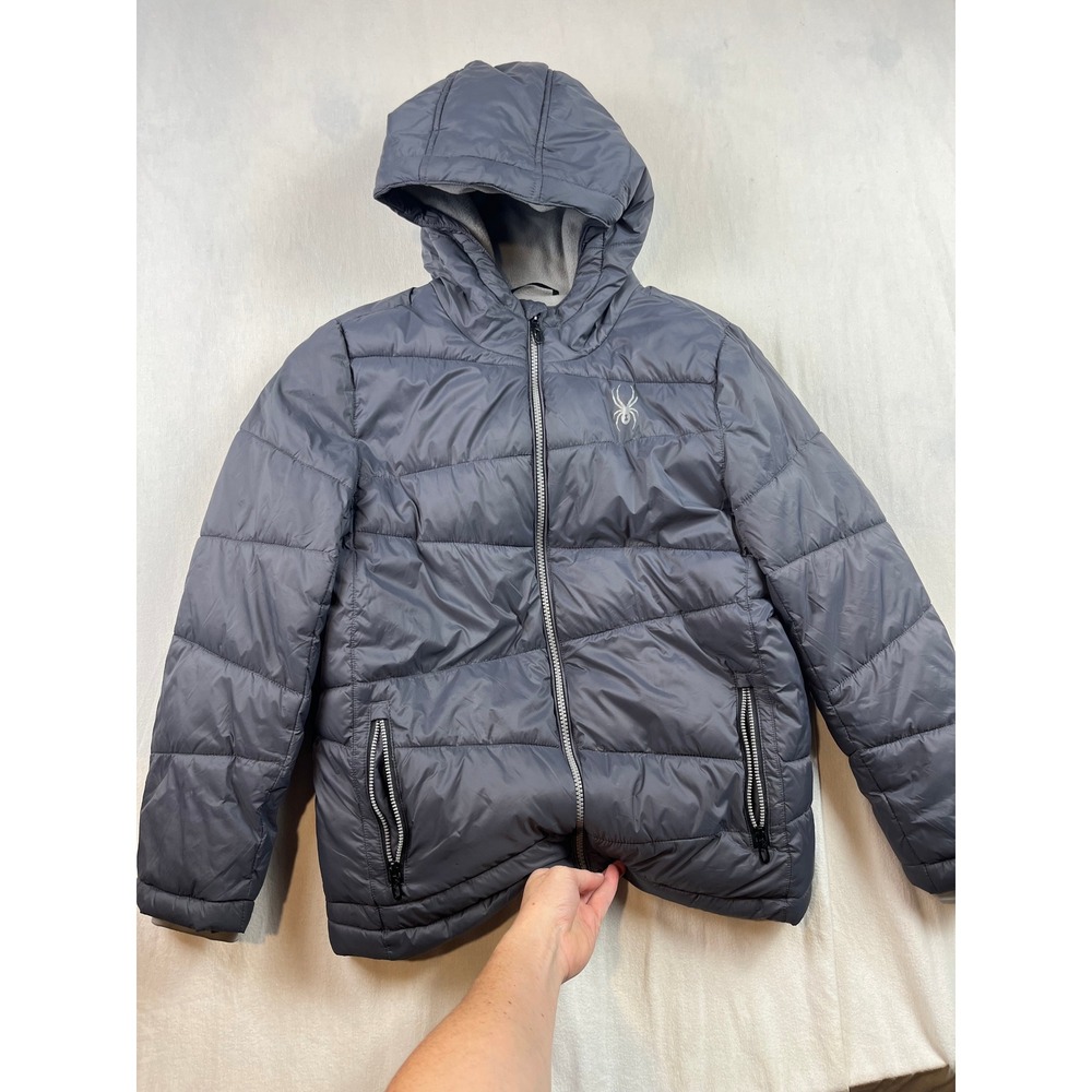 Spyder Boys Grey Quilted Puffer Jacket Hooded Fleece Lined Size Medium 10/12